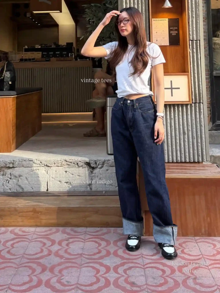 Two-Tone Loafers with Dark Cuffed Jeans Outfit