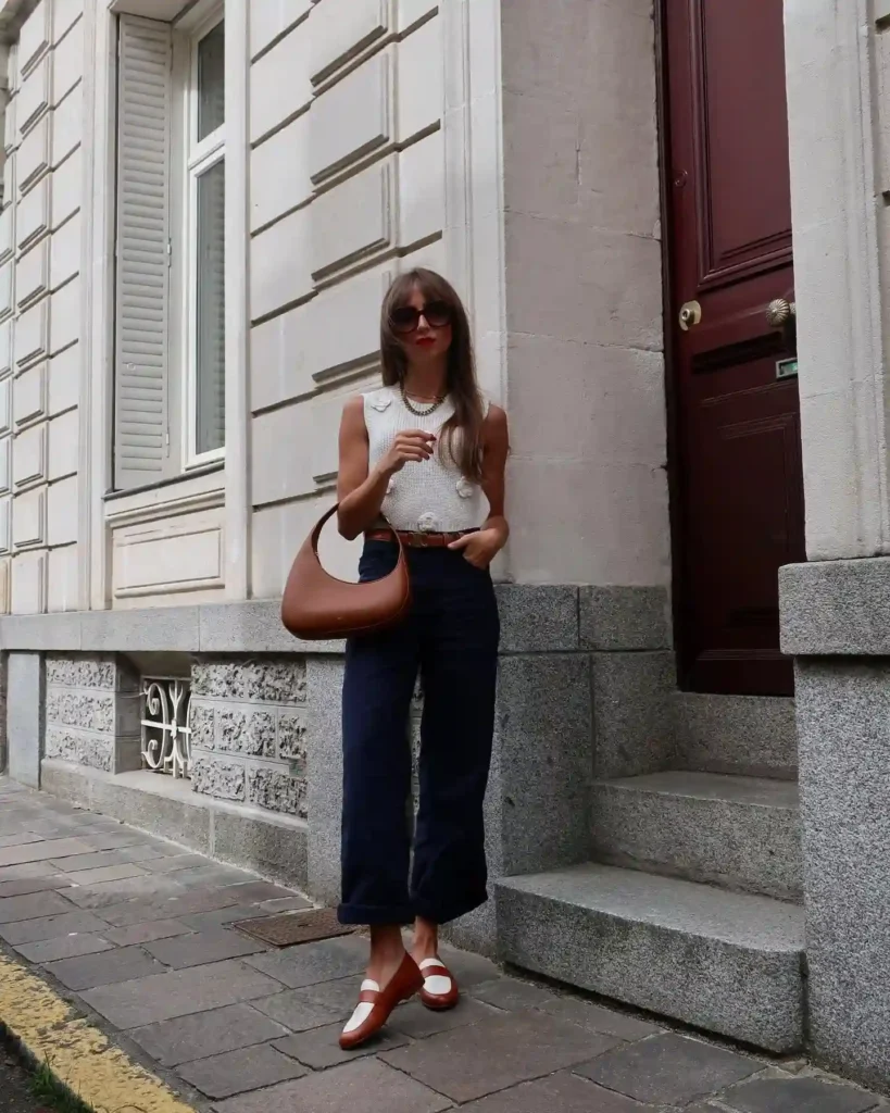 Brown Loafers with Cropped Dark Jeans Chic Outfit