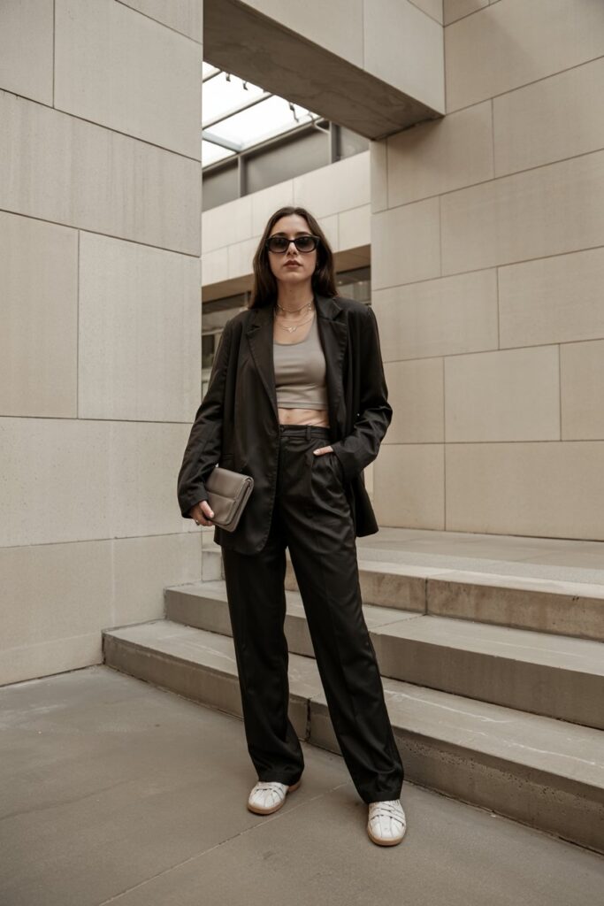 Sleek woman in matching black or beige blazer and trousers, white Sambas, clutch bag, minimal jewelry, posed near gallery or minimalist setting