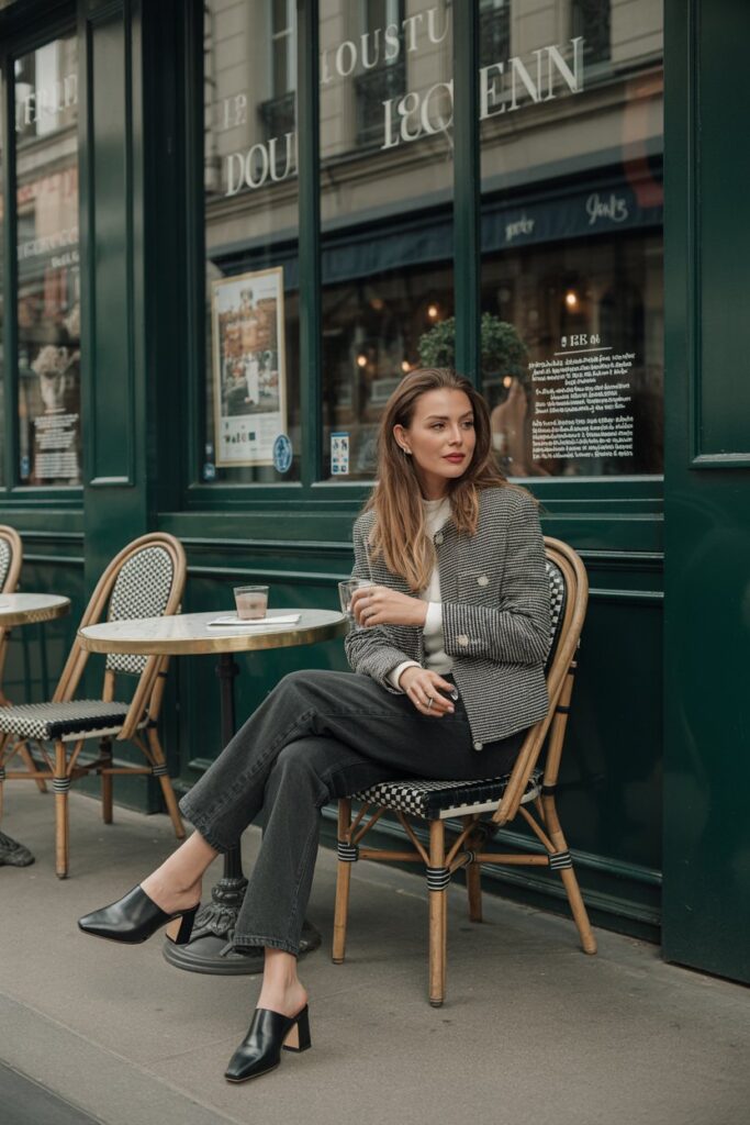  Patterned Tweed Jacket + High-Rise Jeans + Black Mules