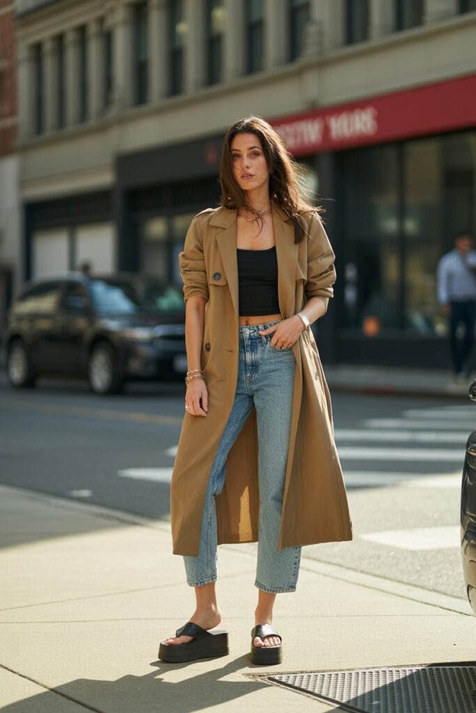 Long Tan Coat + Cropped Jeans + Platform Flip-Flops