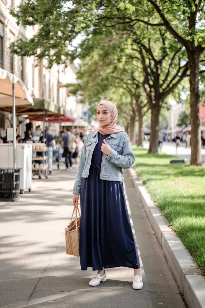 Weekend-ready hijab outfit: navy maxi dress under light-wash denim jacket, white loafers, coral hijab, market or urban park in daytime lighting