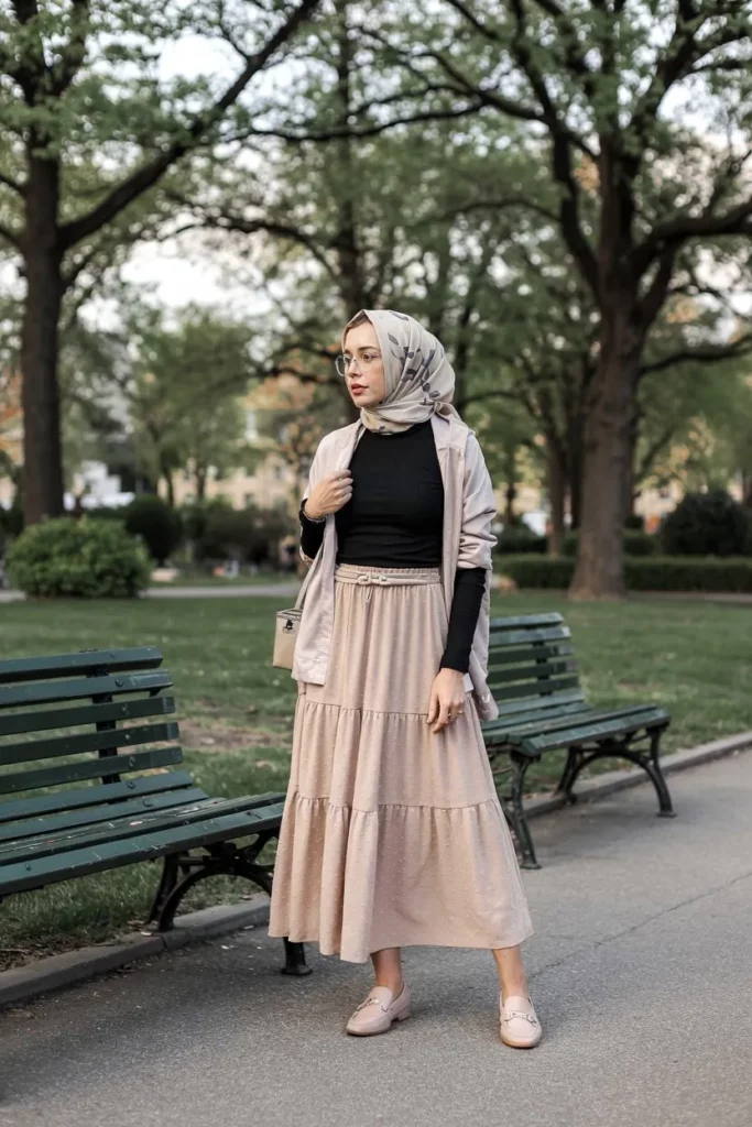 Woman in beige flowy midi skirt, fitted black knit top, nude loafers, floral silk hijab, light grey cardigan, park bench scene during spring