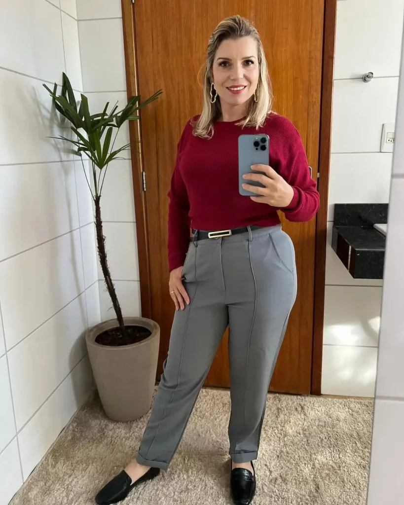 Tapered Trousers with Loafers and a Knit Top