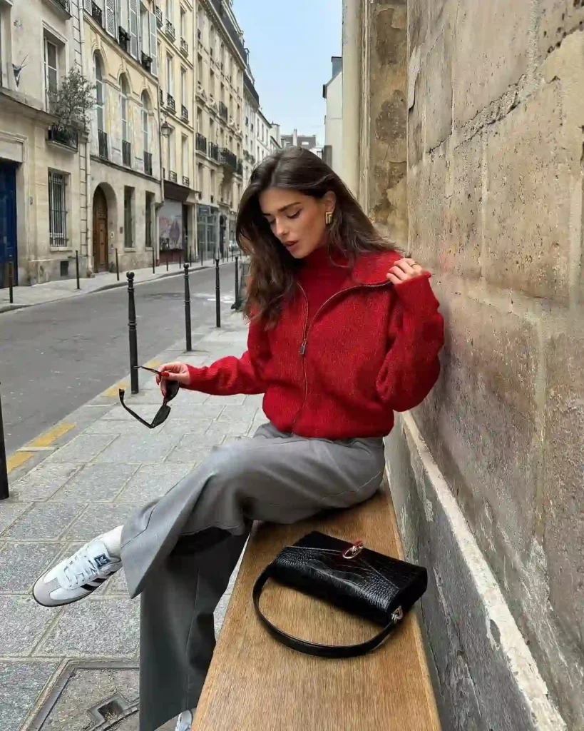 White Adidas Samba with Grey Trousers and Red Zip Sweater