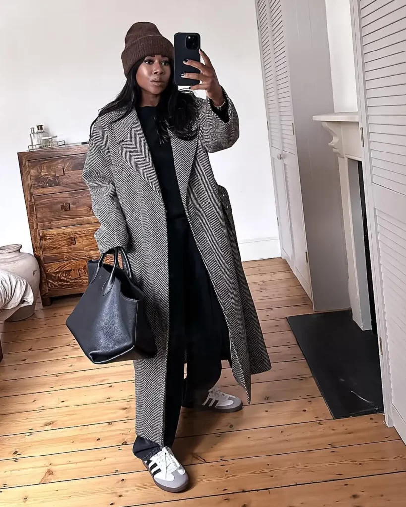 Winter Chic in a Herringbone Coat and Adidas Sambas