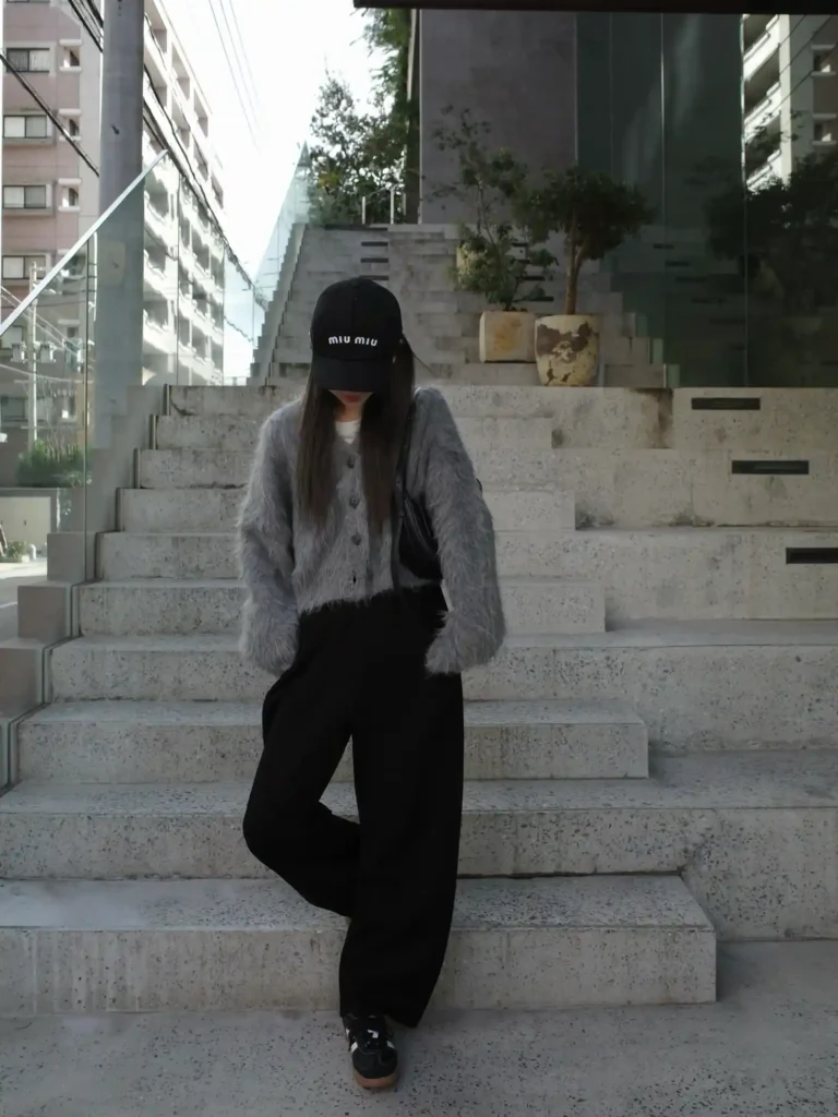 Black Adidas Samba with Wide Black Trousers and Fuzzy Cardigan