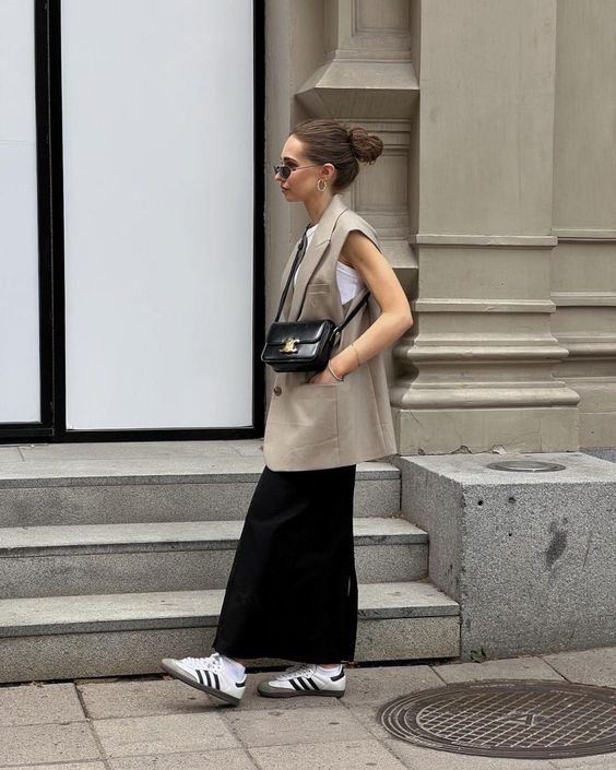 Structured Vest & Maxi Skirt with Adidas Sambas
