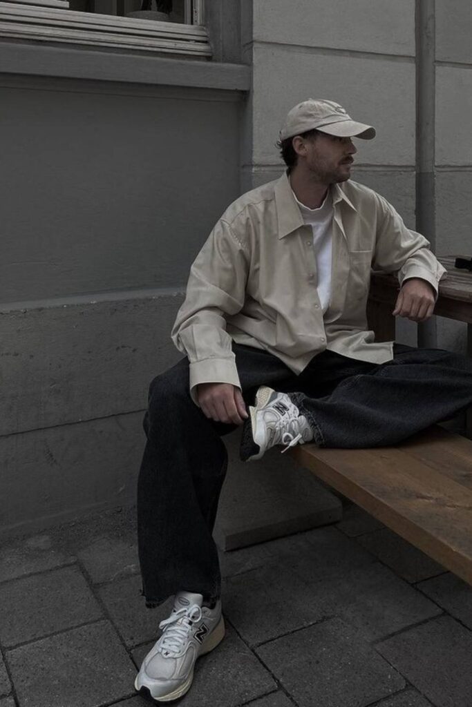 Beige overshirt + white tee + loose black jeans + NB 530