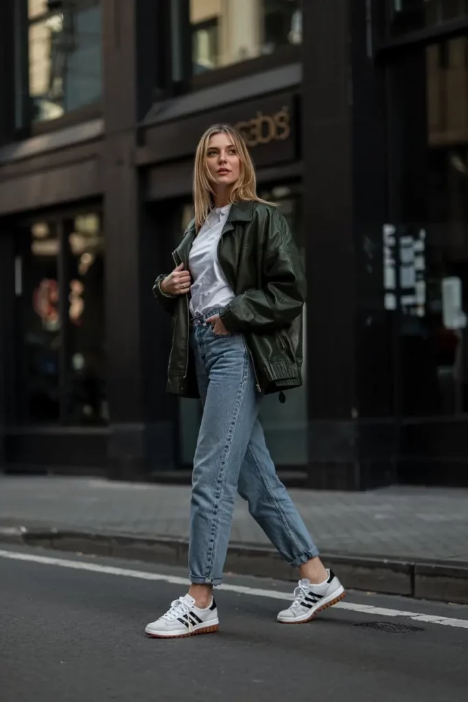 She’s wearing straight-leg jeans, a tucked white tee, an oversized leather jacket, and Adidas Gazelle Bold sneakers with a chunky sole.