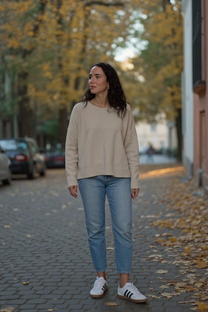 Relaxed Straight-Leg Jeans + Cream Sweater