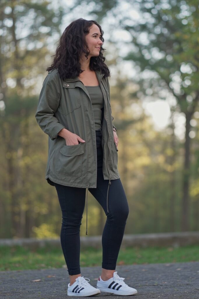 woman in olive utility jacket, black leggings, and white Adidas Sambas visible, outdoor fall casual outfit.