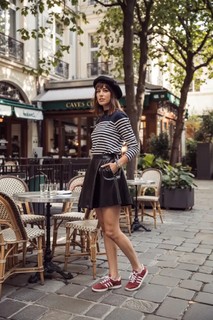 wearing a navy striped long-sleeve top, an A-line black mini skirt, and red/white Adidas SL 72 sneakers with a sleek retro silhouette.