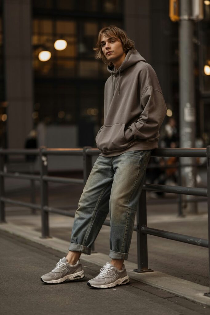 Oversized Hoodie with Loose Blue Jeans and New Balance 2002R