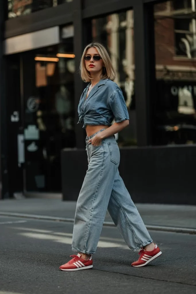 cropped chambray top, wide-leg light wash jeans, and contrasting red Adidas SL 72 sneakers with a sleek retro design. 