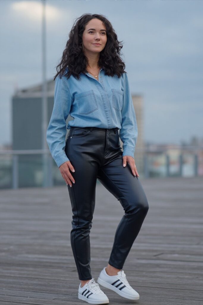 woman in light denim shirt tucked into black faux-leather pants, wearing white Adidas Sambas, full-body view with outfit detail.