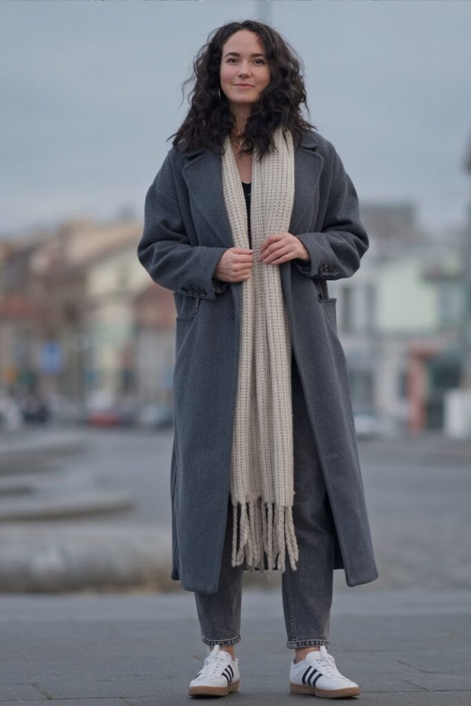 woman in long wool coat, knit scarf, straight jeans, and white Adidas Sambas, full-body standing pose.