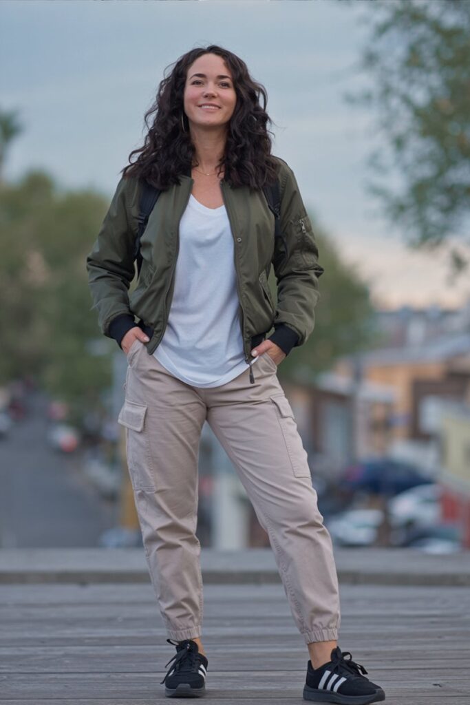 woman in olive bomber jacket, beige cargo pants, black Adidas Sambas visible, sporty casual look.