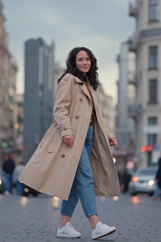 woman standing on city street in beige trench coat and cropped jeans, white Adidas Sambas visible, fall streetwear look.