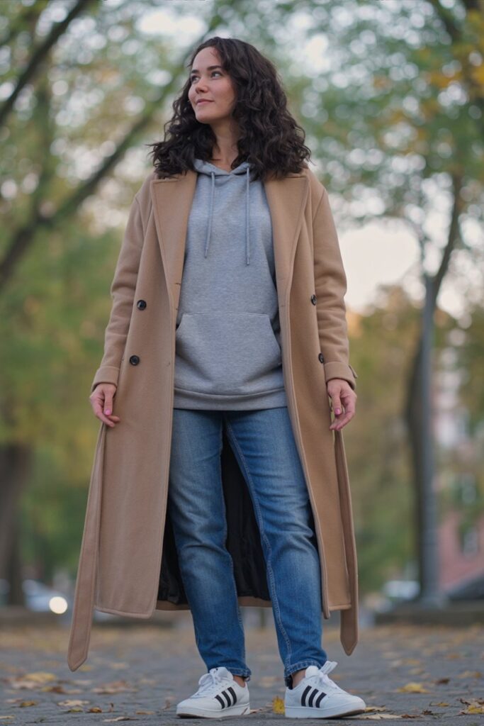 woman standing in gray hoodie layered under camel wool coat, blue jeans, white Adidas Sambas visible, fall outfit realism.