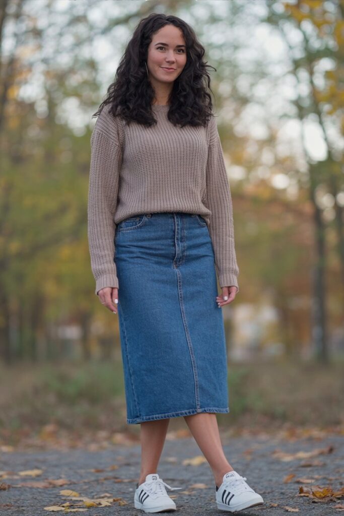 woman in fitted taupe sweater and blue denim midi skirt, white Adidas Sambas visible, casual fall look.