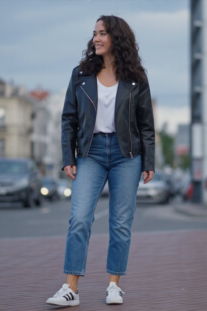 woman in black leather jacket, white T-shirt, cropped straight denim, white Adidas Sambas visible, full-body street style.