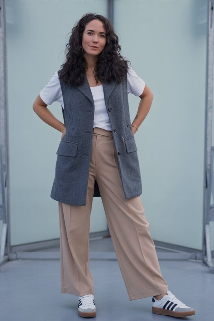 woman in gray wool vest over white tee, beige wide-leg trousers, white Adidas Sambas visible, full-body realistic look.