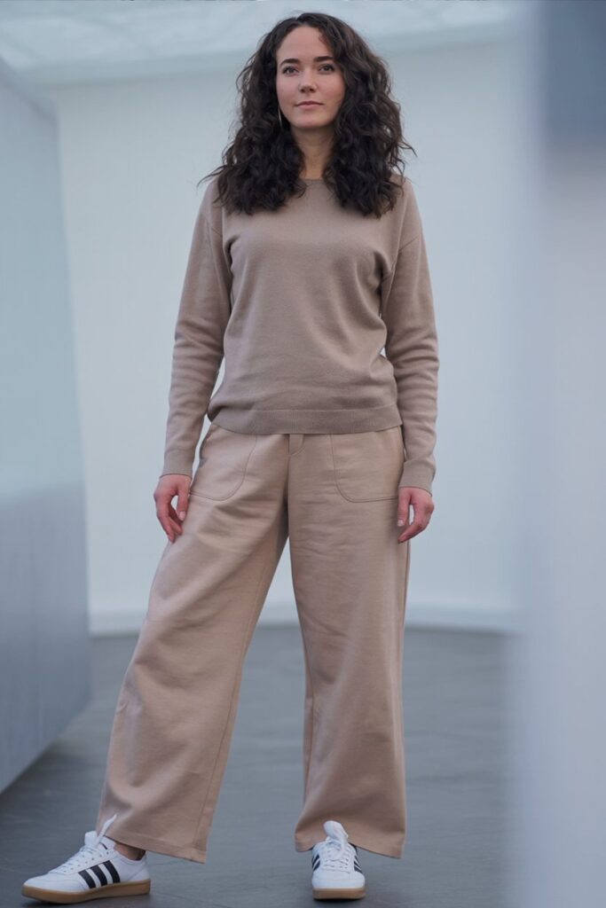 woman wearing full monochrome beige outfit with mixed knit and cotton textures, white Adidas Sambas visible, full-body view.