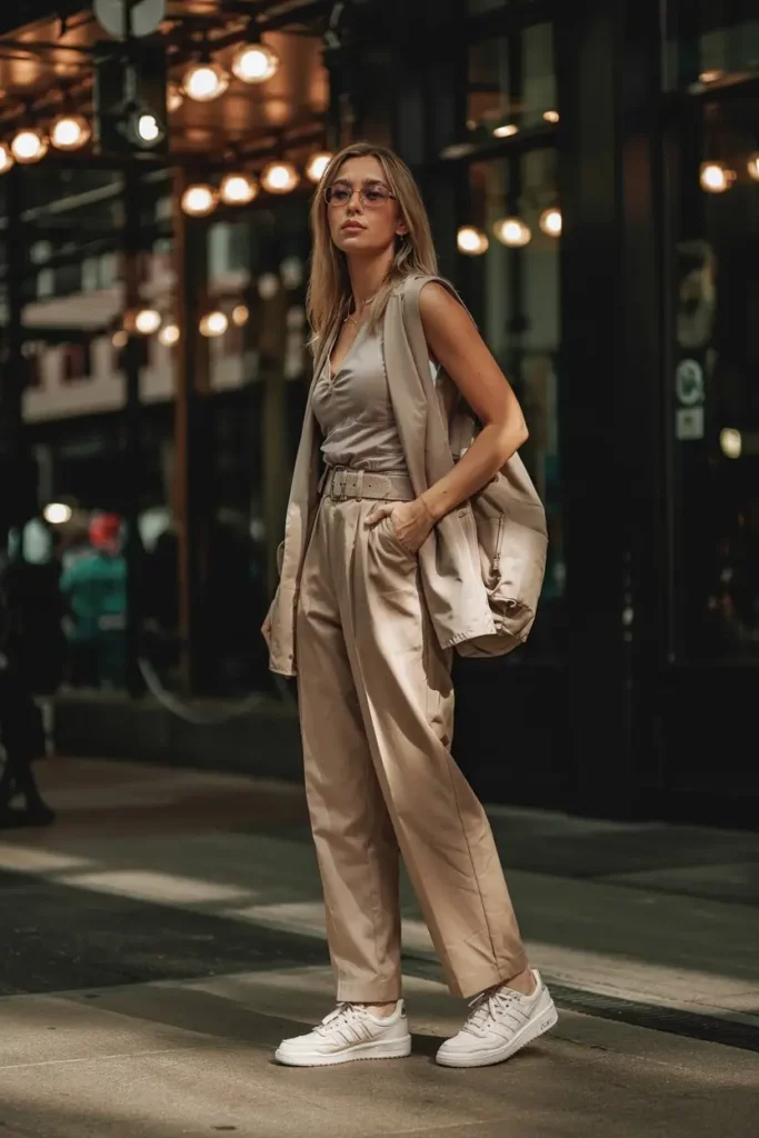 wearing beige trousers, a taupe vest top tucked in and cinched with a belt, sleek shades, and white Adidas Forum Lows sneakers with a sleek retro silhouette and black accents.