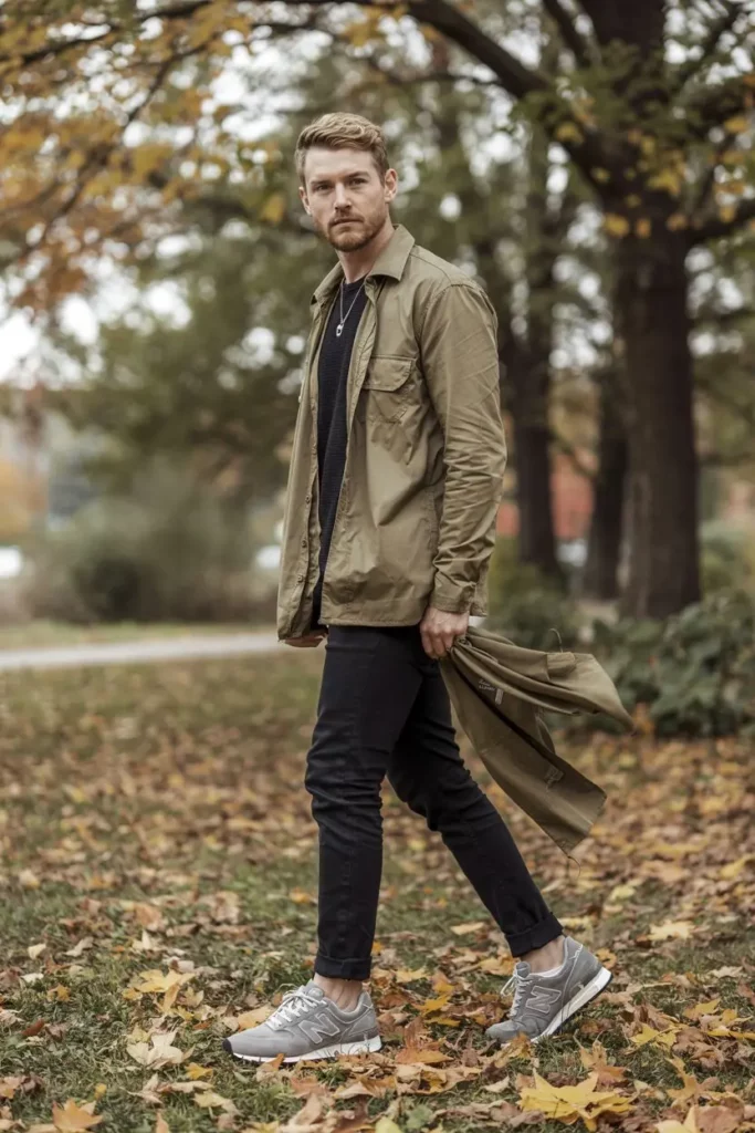 Lightweight Overshirt with Black Jeans and New Balance 574