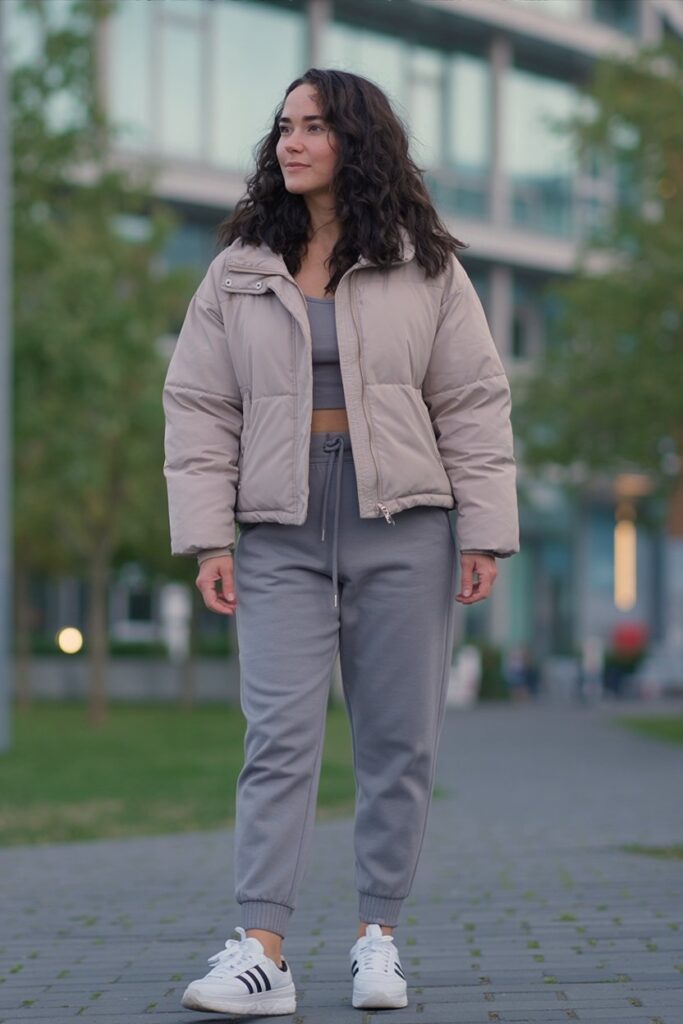 woman in cropped beige puffer jacket and gray joggers, white Adidas Sambas visible, sporty casual outfit.