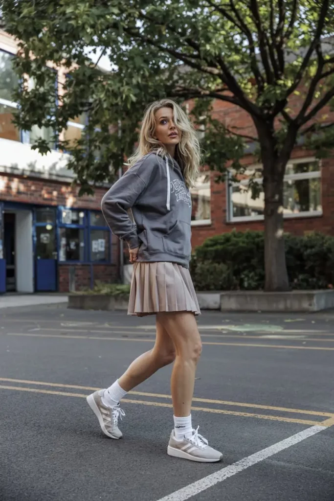 wearing a grey hoodie, a pleated mini skirt, and Adidas Gazelle Bold sneakers