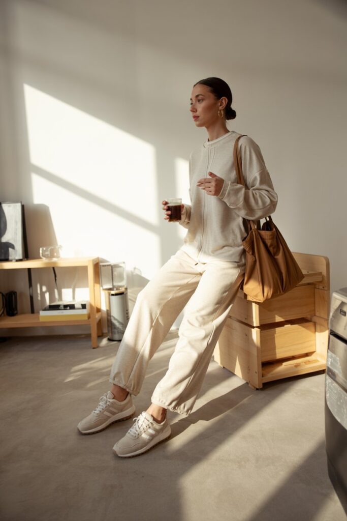  dressed in a matching knit lounge set in cream, paired with cream Adidas SL 72 sneakers with a sleek profile