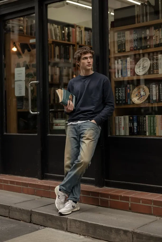 rewneck Sweater with Vintage Denim and New Balance 550