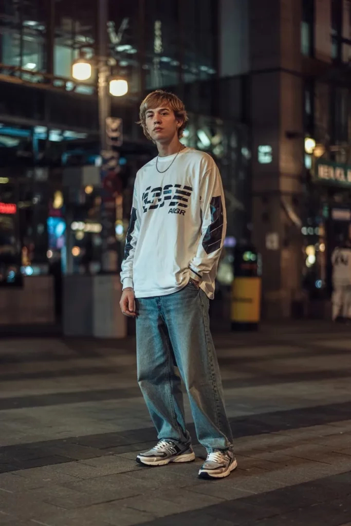 Striped Long Sleeve Tee + Loose Blue Jeans + Silver/Black 1906R