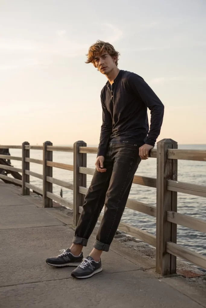 Long Sleeve Henley with Dark Wash Jeans and New Balance 530
