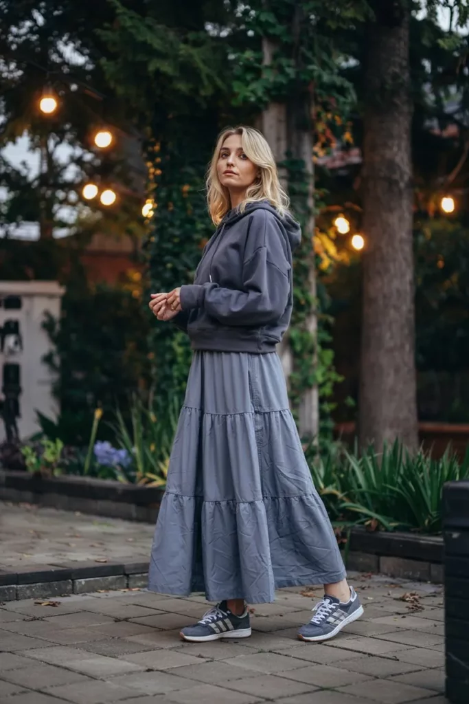 She’s dressed in a grey hoodie layered over a tiered flowy maxi skirt, and bold-toned Adidas Handball Spezial sneakers with a slim silhouette.