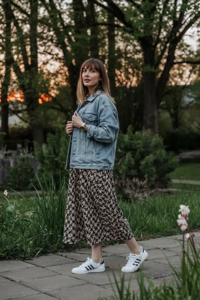dressed in a floral dress, a denim jacket, and white Adidas Handball Spezial sneakers 