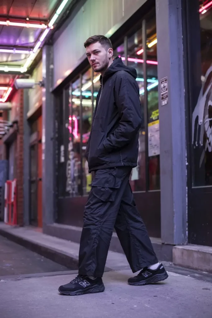 Black Hoodie + Wide-Leg Black Pants + Triple Black 990