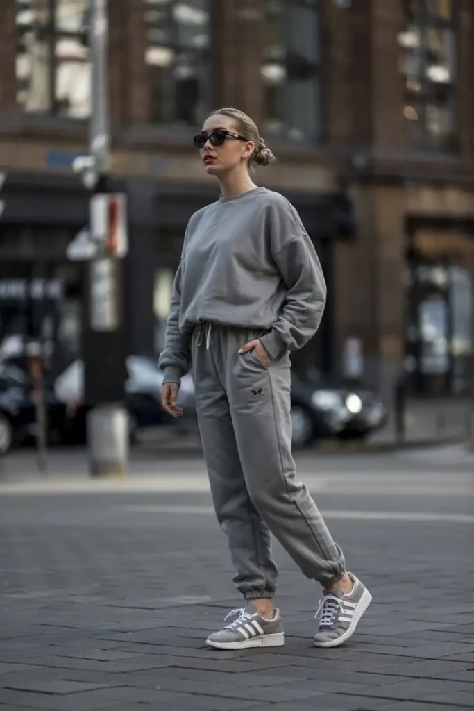 grey sweatsuit, paired with Adidas Gazelle Bold sneakers with a chunky sole