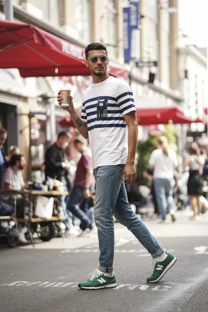 Striped Tee with Slim Jeans and New Balance 327
