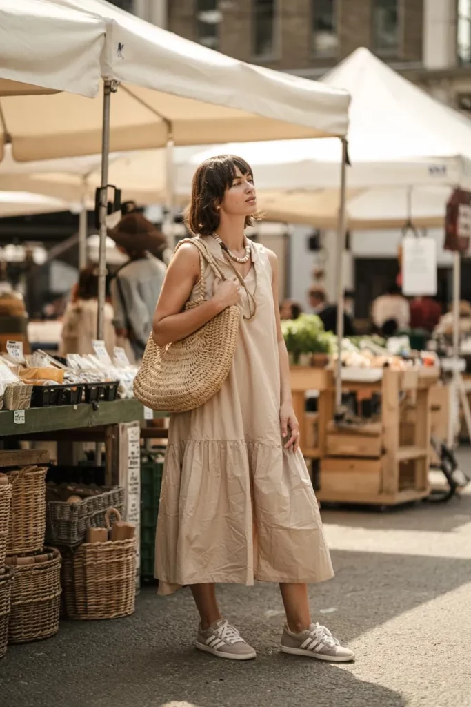  dressed in a loose cotton sundress, paired with soft beige Adidas SL 72 sneakers with a sleek silhouette