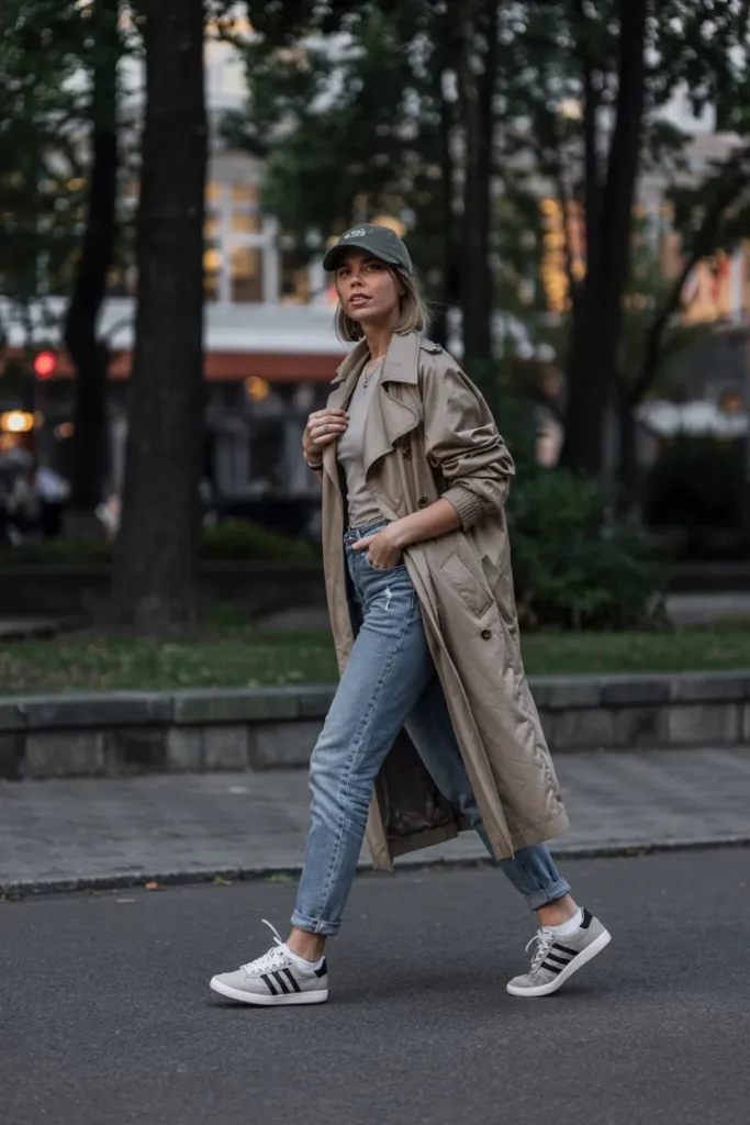 wearing a beige trench coat, slim blue jeans, a neutral top, a baseball cap, and Adidas Handball Spezial sneakers