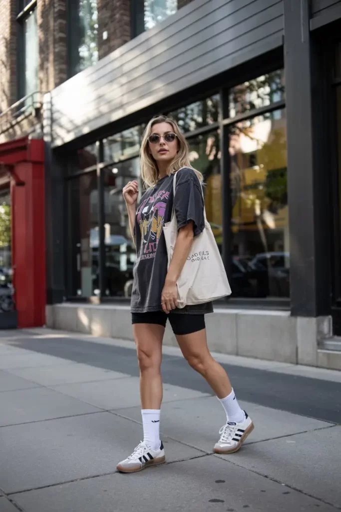 wearing an XL graphic tee, black bike shorts, tall socks, and Adidas Gazelle Bold sneakers with a chunky sole
