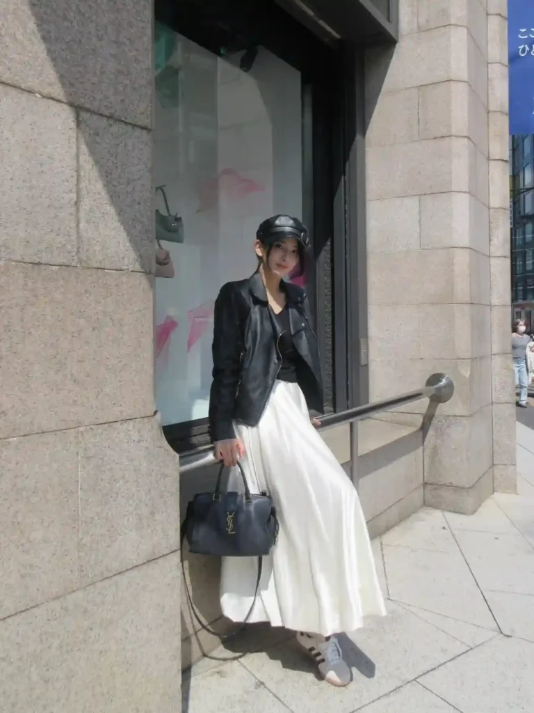 Adidas Samba with Flowing White Skirt and Leather Jacket