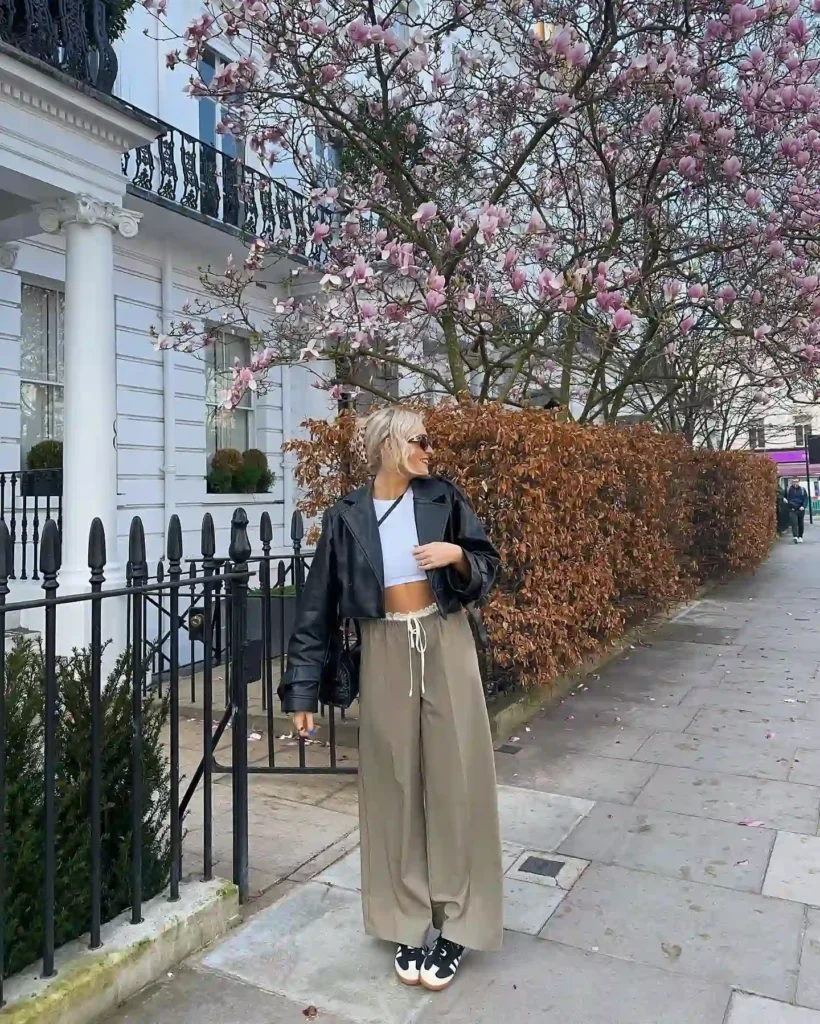 Adidas Samba with Wide Taupe Trousers and Leather Jacket