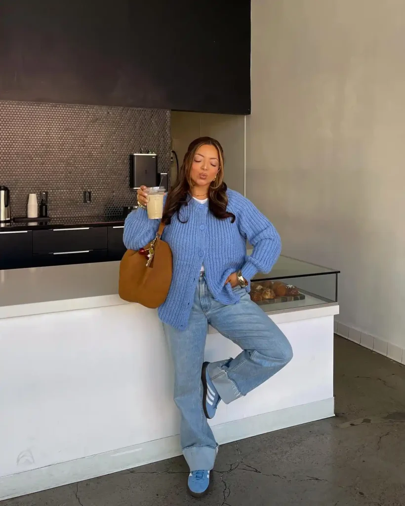Blue Adidas Samba with Light Jeans and Chunky Cardigan