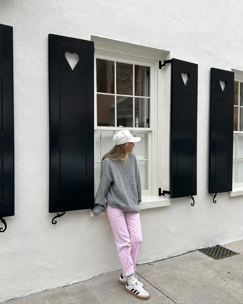Adidas Samba with Pink Striped Jeans and Grey Sweater