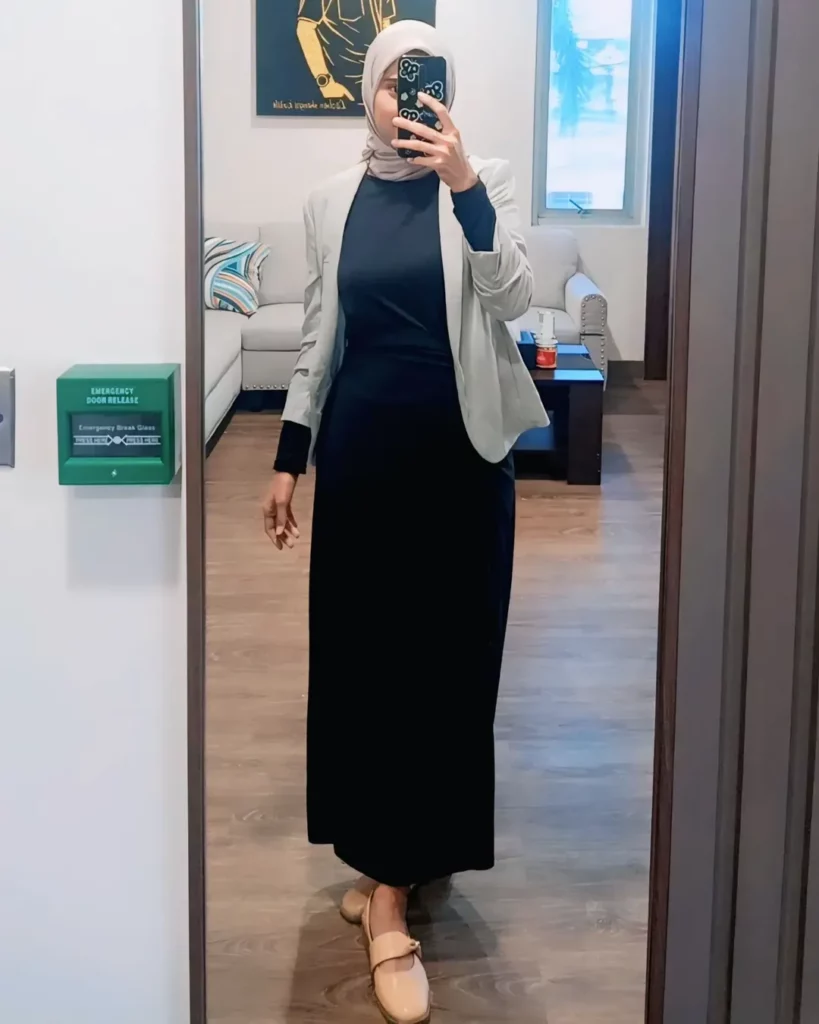  blazer, nude flats, and bukhra hijab