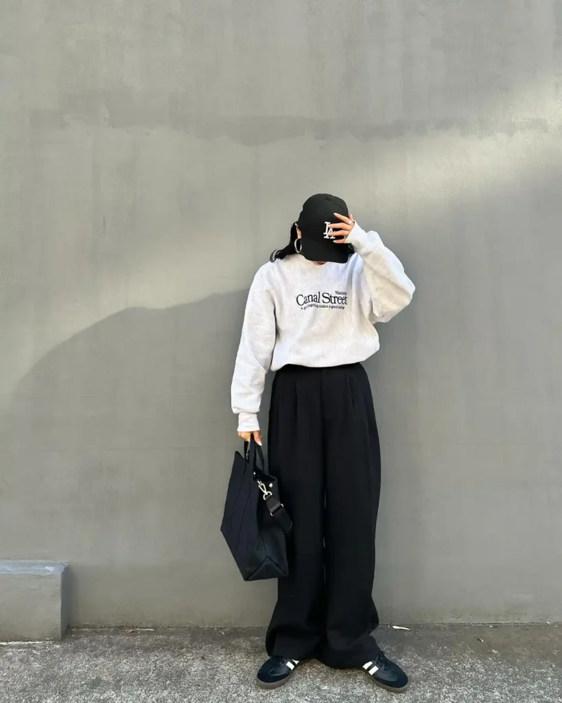 Black Adidas Samba with Wide-Leg Trousers and Grey Sweatshirt